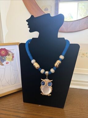 Blue Cord Necklace with Gold Owl Pendant